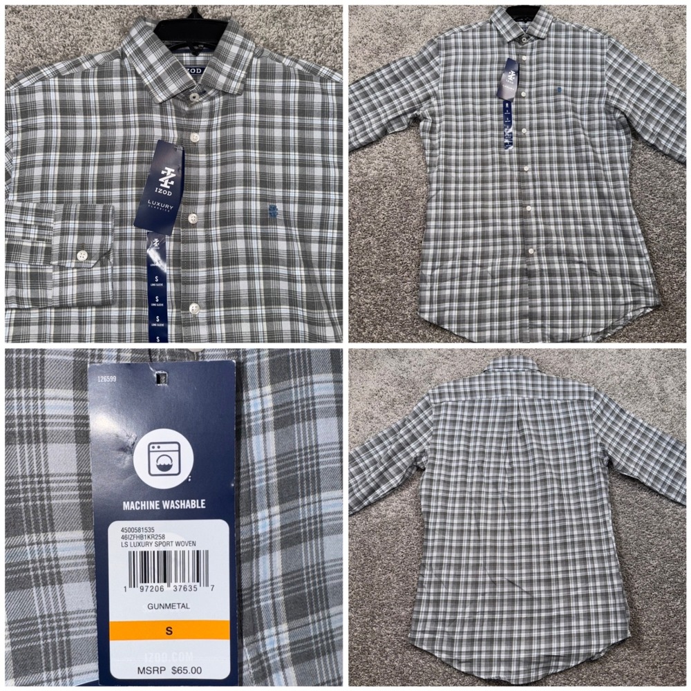 IZOD Button Down Shirt Mens Luxury Classics Sport Woven Plaid Gunmetal Small NEW